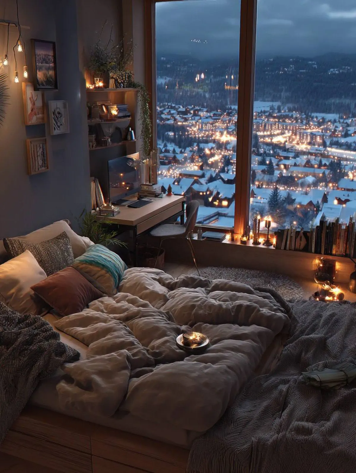 Karlı Kasaba Manzaralı Huzurlu Yatak Odası