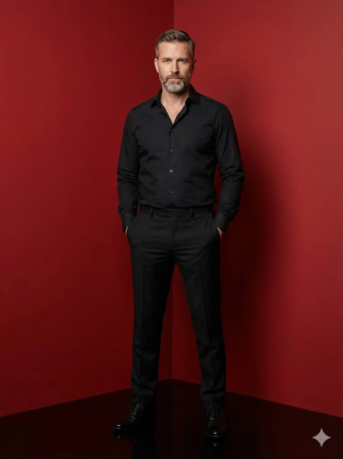 Kırmızı Köşede Siyah Giyimli Minimalist Portre