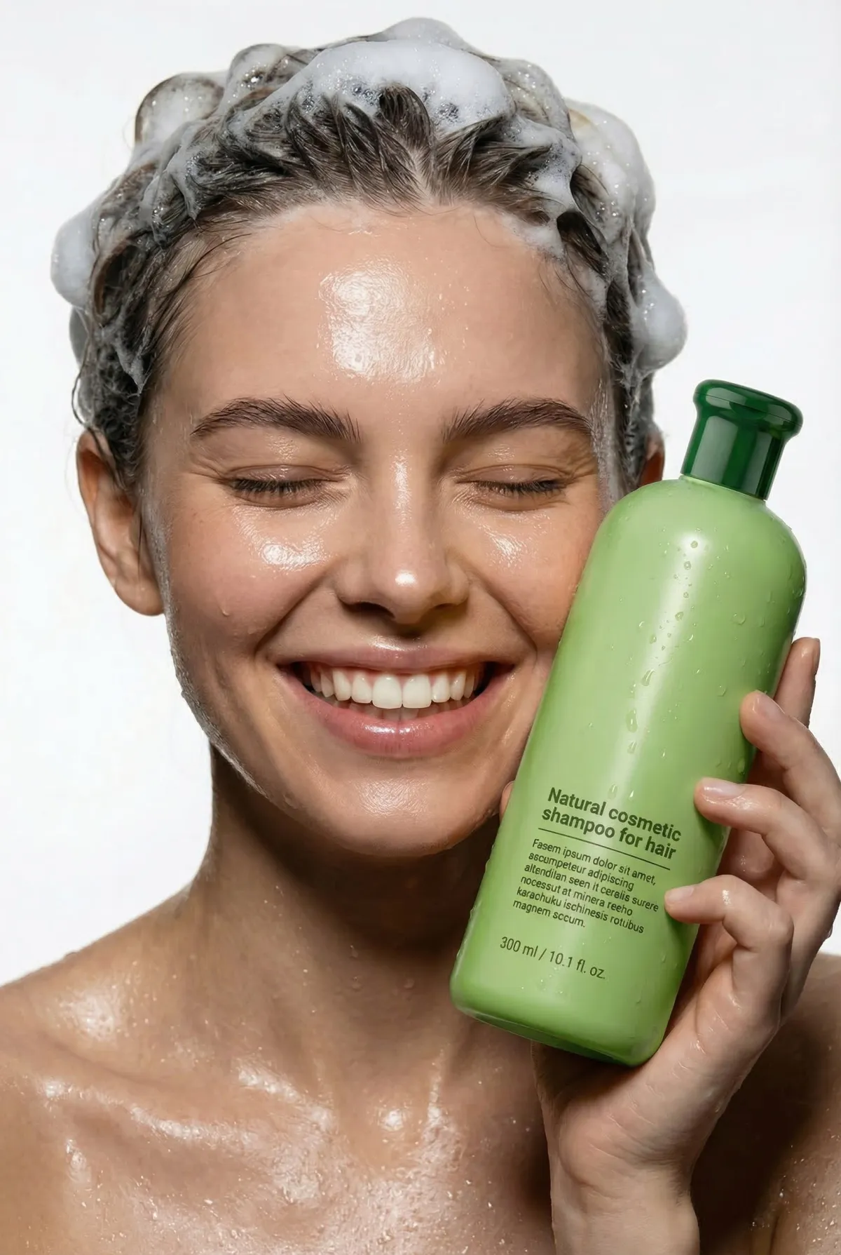 Neşeli Islak Saç Bakımı Portresi Şampuan Şişesi ile